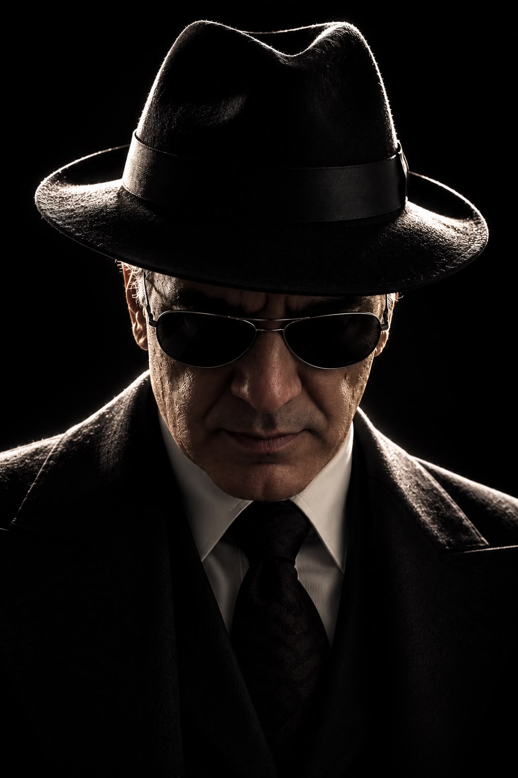 A man in a black fedora and aviator sunglasses, lit from behind