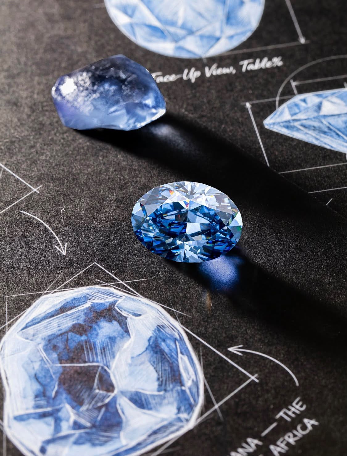 An oval blue brilliant beside its rough crystal on hand-drawn cutting diagrams